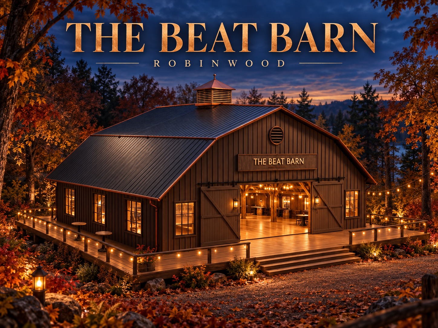 The Beat Barn promotional artwork: a timber music venue glowing with warm lights in an autumn forest