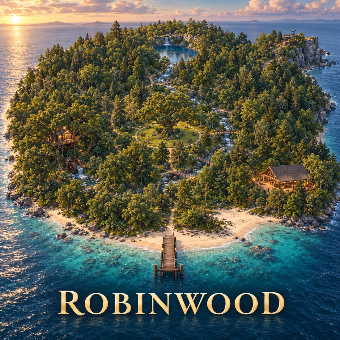 Concept illustration of Robinwood island, showing its arrival dock, central oak, wooded trails, pond, and lookout